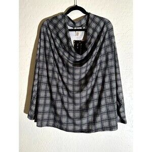 BAE CITY Relaxed Long Sleeve Plaid Cowl Neck Top Womens Size 1X Gray NWT‎